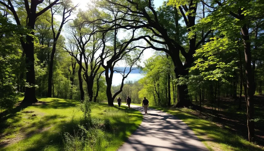 A sun-dappled trail winds through a verdant forest in Stockton State Park, Missouri. Towering oaks and maples line the path, their leaves casting gentle shadows on the well-trodden ground. In the distance, a glimpse of a sparkling lake can be seen through the trees. The air is crisp and clean, with a hint of earthy, woody scents. Hikers stroll leisurely, taking in the natural beauty surrounding them. The scene is captured with a wide-angle lens, emphasizing the depth and expanse of the lush, tranquil landscape.