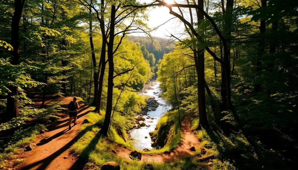A sun-dappled trail winds through the lush, verdant foliage of the Mark Twain National Forest. Towering trees cast long shadows, creating a serene, natural atmosphere. Hikers traverse the winding path, immersed in the tranquil beauty of the landscape. In the middle distance, a creek flows gently, its crystal-clear waters reflecting the surrounding greenery. The warm, golden light filters through the canopy, illuminating the scene with a sense of peace and relaxation. The overall mood is one of exploration and discovery, inviting the viewer to immerse themselves in the enchanting wilderness of the Mark Twain National Forest.