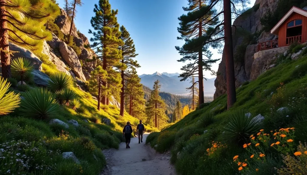 A sun-dappled trail winds through the lush, verdant wilderness of San Gorgonio, its path punctuated by towering pines and vibrant wildflowers. Hikers traverse the well-maintained route, their footsteps echoing against the rugged, granite-lined slopes that rise majestically on either side. Warm, golden light filters through the canopy, casting a serene, peaceful glow over the scene. In the distance, the trail opens up to reveal a panoramic vista of the surrounding mountains, their peaks capped with a dusting of snow. This idyllic setting invites visitors to immerse themselves in the natural beauty of the San Gorgonio Wilderness, offering a tranquil respite from the bustle of everyday life.