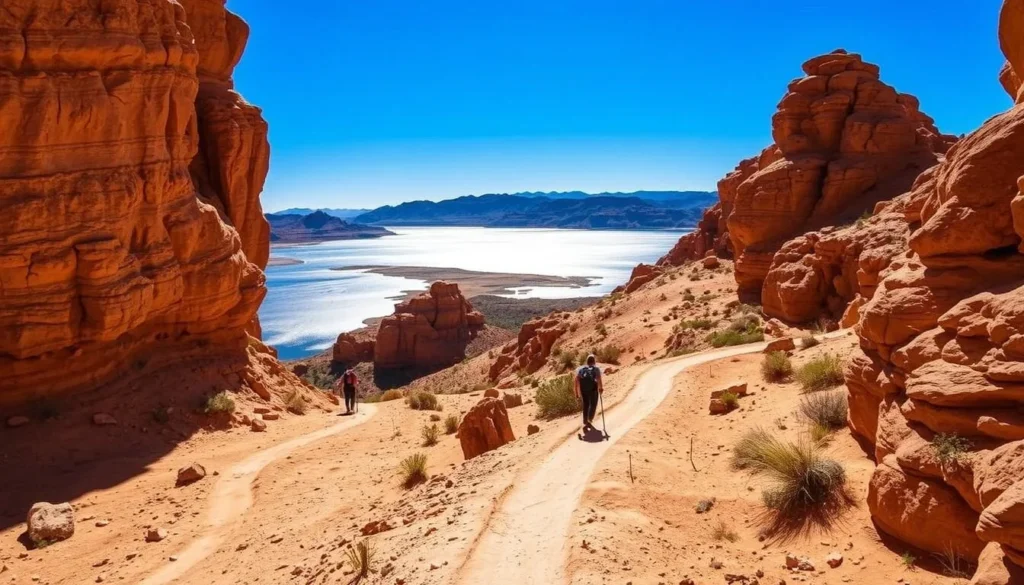 A sun-dappled trail winds through the rugged terrain of Lake Mead National Recreation Area. Towering red rock formations frame the path, casting dramatic shadows across the dusty ground. In the distance, the shimmering waters of the lake glisten under a cloudless azure sky. Hikers traverse the well-marked route, taking in the breathtaking vistas of the Mojave Desert landscape. The scene exudes a serene, adventurous atmosphere, inviting visitors to immerse themselves in the natural splendor of this iconic Arizona destination.