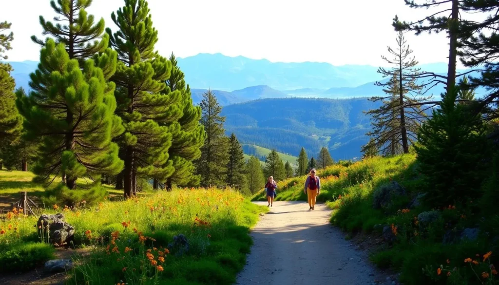 A sun-dappled trail winds through the verdant Sierra Foothills, flanked by towering pines and dotted with vibrant wildflowers. The path meanders gently, inviting hikers to take in the serene landscape. Soft, diffused light filters through the canopy, casting a warm, golden glow over the scene. In the distance, rolling hills and rugged mountain peaks rise, creating a picturesque backdrop. The overall atmosphere is one of tranquility and natural beauty, perfectly capturing the essence of the Sierra Foothills region.