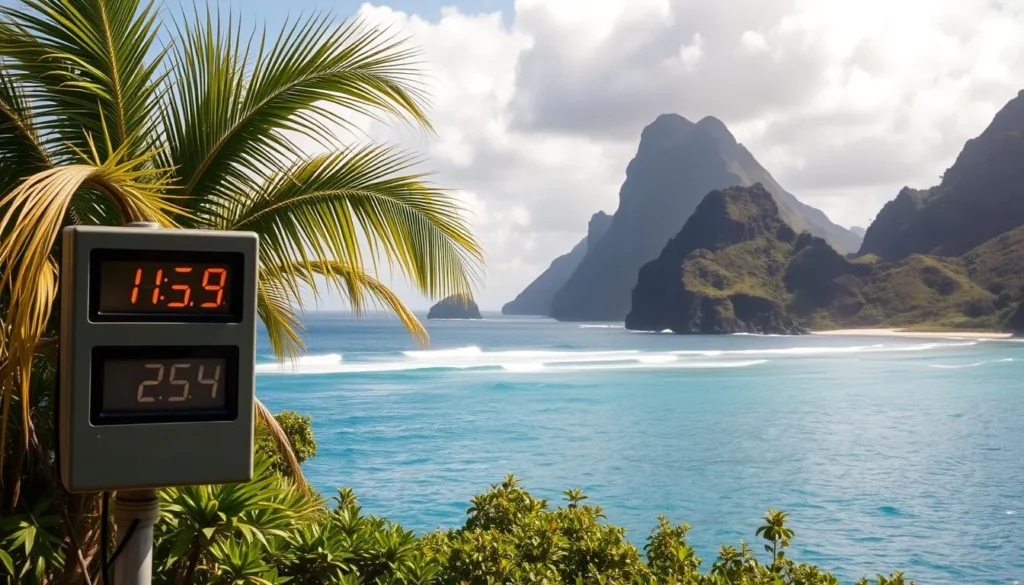 A sun-dappled tropical landscape on the remote Pitcairn Islands, with lush green foliage and crystalline blue waters. In the foreground, a weather station records the humidity levels, its digital display illuminated by warm afternoon light. The middle ground features a palm-fringed beach, where gentle waves lap against the shore. In the background, rugged volcanic cliffs rise up, their jagged silhouettes cutting through the hazy sky. The overall scene conveys a sense of tranquility and natural harmony, reflecting the comfortable humidity levels that make Pitcairn an ideal destination for weather-savvy travelers.