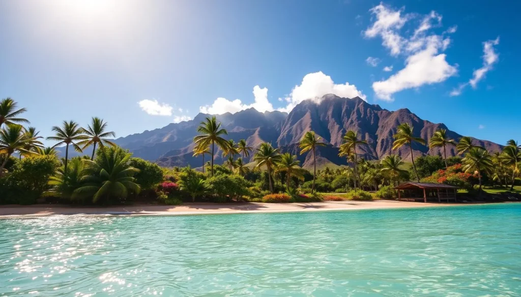 A sun-dappled tropical paradise, Kahekili Beach Park on the island of Maui, Hawaii. In the foreground, crystalline turquoise waters lap gently against a pristine white sand beach, dotted with swaying palm trees. The middle ground features lush green foliage and vibrant flowers, creating a verdant oasis. In the background, dramatic volcanic mountains rise majestically, their jagged peaks touched by soft, wispy clouds. The scene is bathed in warm, golden sunlight, evoking a sense of tranquility and natural beauty. Capture this idyllic Hawaiian landscape with a wide-angle lens, showcasing the breathtaking harmony of land, sea, and sky.