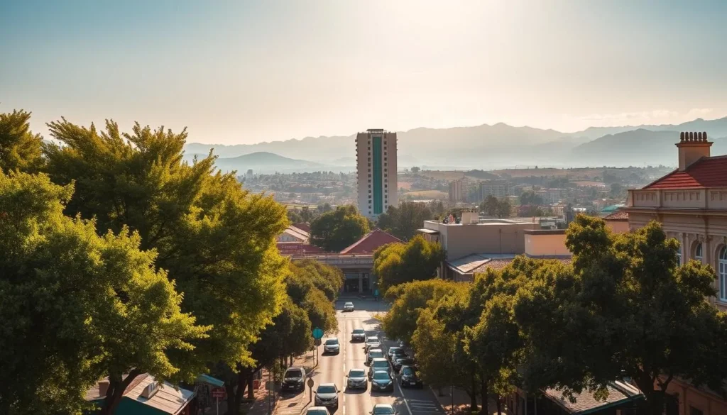 A sun-dappled view of Ekurhuleni, South Africa's vibrant, modern city. In the foreground, a bustling street lined with lush trees and colonial-style buildings. In the middle ground, a towering office complex reflects the city's dynamic energy. The background features the rolling hills and distant mountains that give this region its natural beauty. Soft, warm lighting imbues the scene with a sense of tranquility, inviting the viewer to explore this hidden gem. Capture the essence of Ekurhuleni - a harmonious blend of urban sophistication and serene landscapes.