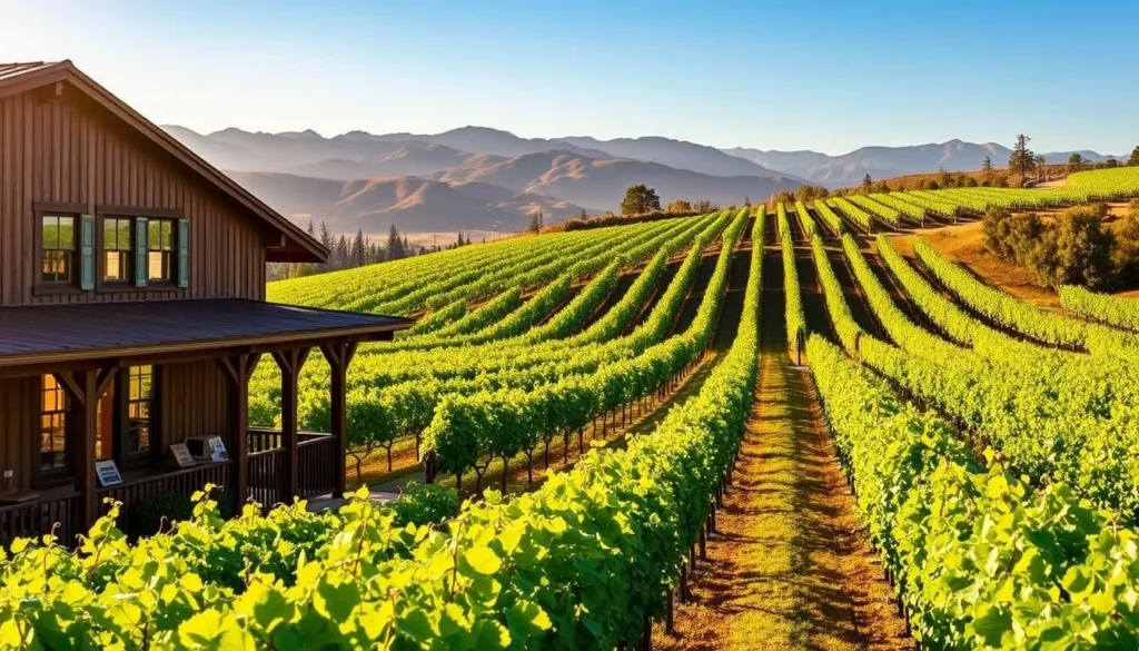 A sun-dappled vineyard in Temecula, California, where lush green vines wind through gently rolling hills. In the foreground, a tasting room with a rustic wooden facade, its windows glowing warmly. Beyond, rows of neatly trellised grapes stretch out, their vibrant leaves swaying in the light breeze. In the distance, the silhouettes of mountains rise, their peaks bathed in a soft, golden glow. The scene exudes a sense of tranquility and the promise of unique, artisanal wine experiences.