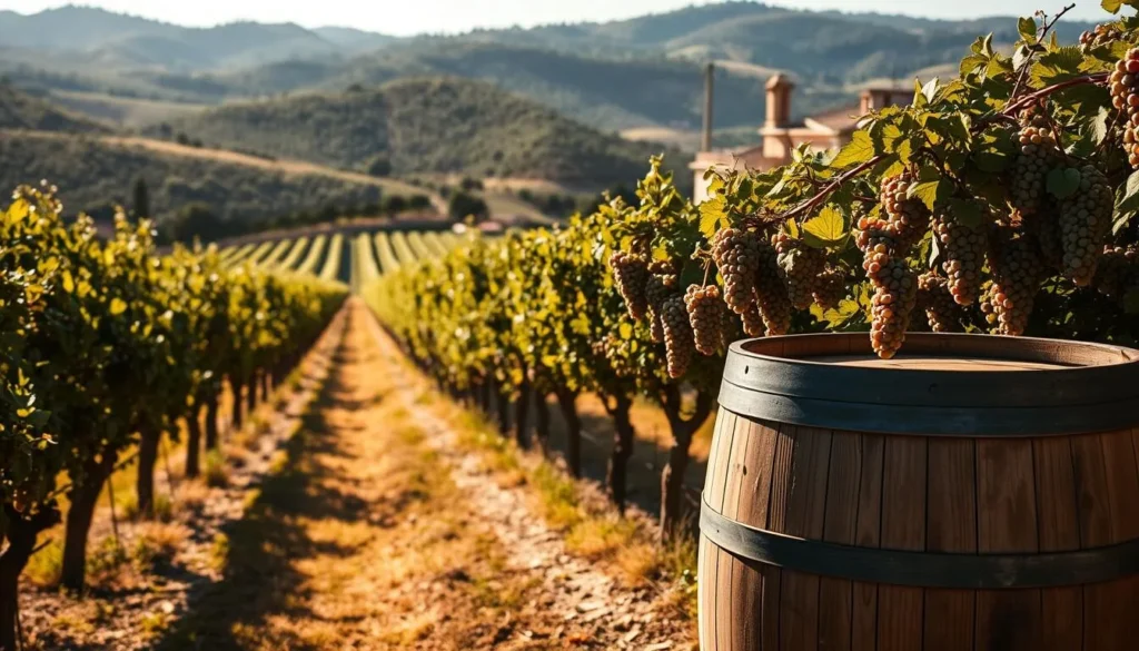 A sun-dappled vineyard in the heart of Provence, France. Rolling hills and olive groves in the background, with rows of lush, verdant vines stretching out before a classic stone farmhouse. Clusters of ripe, glistening grapes hang heavy on the vines, ready to be harvested. The scene is bathed in warm, golden light, casting long shadows and evoking a sense of tranquility and timelessness. A vintage wooden wine barrel sits in the foreground, a symbol of the region's rich winemaking heritage. The overall atmosphere is one of rustic elegance, a testament to the enduring traditions and terroir that define the exceptional wines of Provence.