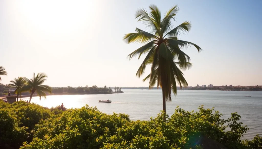 A sun-dappled vista along the Congo River, captured from the scenic La Corniche promenade in Brazzaville. In the foreground, lush greenery lines the riverbanks, swaying gently in the warm breeze. The middle ground features the majestic river, its waters glimmering and reflecting the clear sky above. Across the river, the distant shore is dotted with towering palm trees and vibrant buildings, creating a harmonious cityscape. Warm, golden light bathes the scene, imbuing it with a serene and tranquil atmosphere. Capture the essence of this picturesque riverside stroll, showcasing the natural beauty and urban charm of Brazzaville.