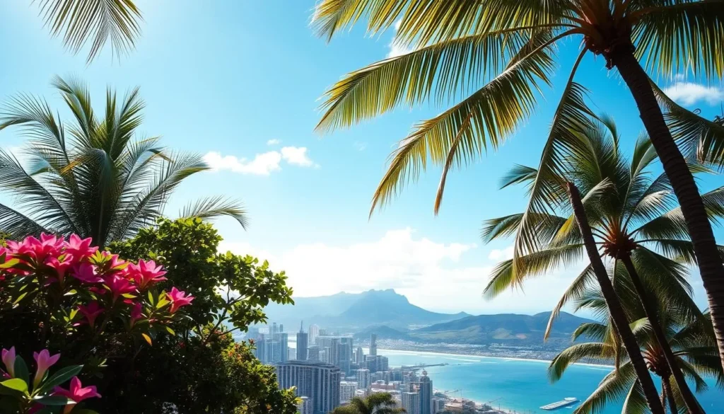A sun-dappled vista of Honolulu's picturesque cityscape, framed by swaying palm trees and a serene azure sky. In the foreground, lush tropical foliage and vibrant blooms add pops of color, while the mid-ground showcases the iconic high-rises and historic architecture that define the Hawaiian capital. In the distance, the glimmering waters of the Pacific Ocean and the verdant slopes of the Koolau Range create a harmonious, tranquil landscape. Soft, warm lighting bathes the scene, conveying the inviting, comfortable climate that makes Honolulu a year-round paradise.
