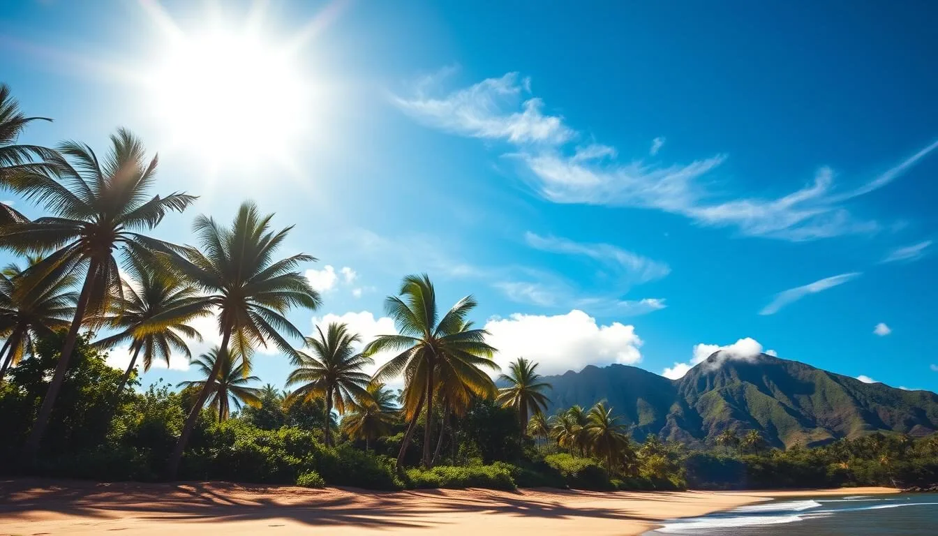 A sun-dappled vista of Kauai's lush, verdant landscape, framed by a brilliant azure sky dotted with wispy clouds. In the foreground, a pristine beach with soft, golden sand and gentle waves lapping at the shore. Midground, stately palm trees sway in the gentle breeze, their fronds casting dappled shadows on the ground. In the distance, the dramatic silhouettes of volcanic peaks rise up, their slopes draped in a tapestry of verdant hues. Warm, golden light filters through, illuminating the scene with a serene, inviting atmosphere. Capture the essence of Kauai's captivating weather and natural beauty, perfect for a weather-savvy trip.