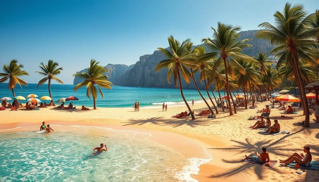 A sun-drenched Acapulco beach scene with crystal-clear turquoise waters lapping at golden sands. Clusters of colorful umbrellas dot the foreground, casting playful shadows on the beach. In the middle ground, palm trees sway gently in a light breeze, their fronds creating a verdant canopy. The background features the iconic cliffs of Acapulco, their dramatic silhouettes framing the horizon. Families and friends relax on beach towels, enjoying the perfect day, while a few adventurous souls splash in the inviting surf. Warm, vibrant lighting bathes the entire scene, conveying the lively, festive atmosphere of this iconic Mexican beach destination.