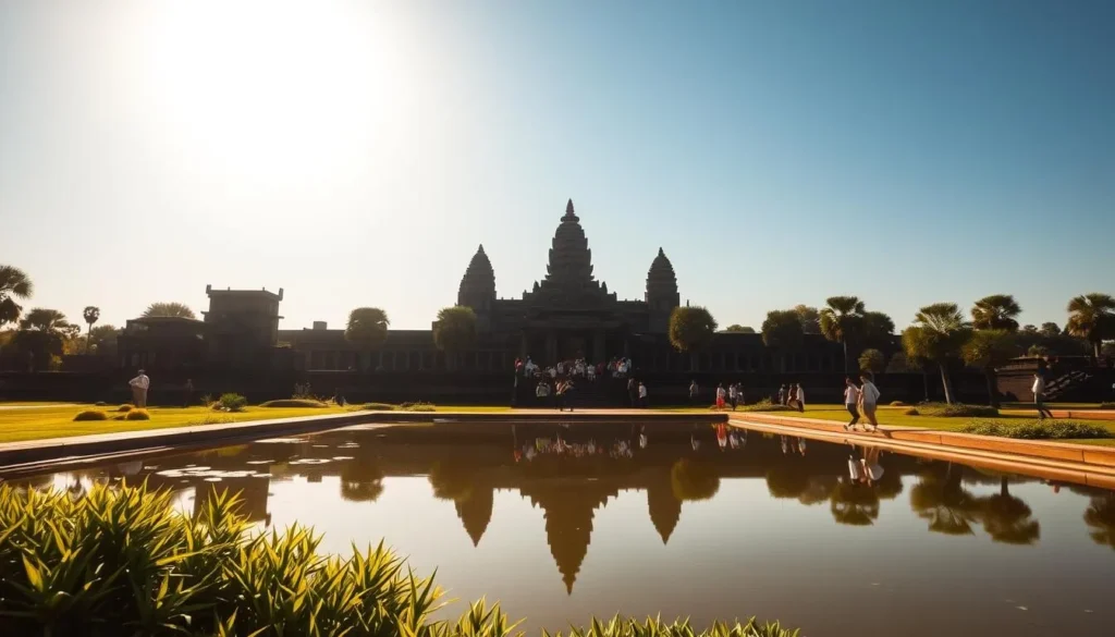 A sun-drenched Angkor Wat, its towering spires silhouetted against a clear, azure sky. The foreground features a serene reflection pool, its surface undisturbed, mirroring the iconic temple complex. Scattered around the pool, lush vegetation provides a verdant contrast, while in the middle ground, tourists meander along the ancient pathways, dwarfed by the grandeur of the architecture. The warm, golden light bathes the scene, highlighting the weathered stone and casting dramatic shadows. A sense of tranquility and timelessness pervades the image, capturing the essence of the dry season at this iconic Cambodian landmark.