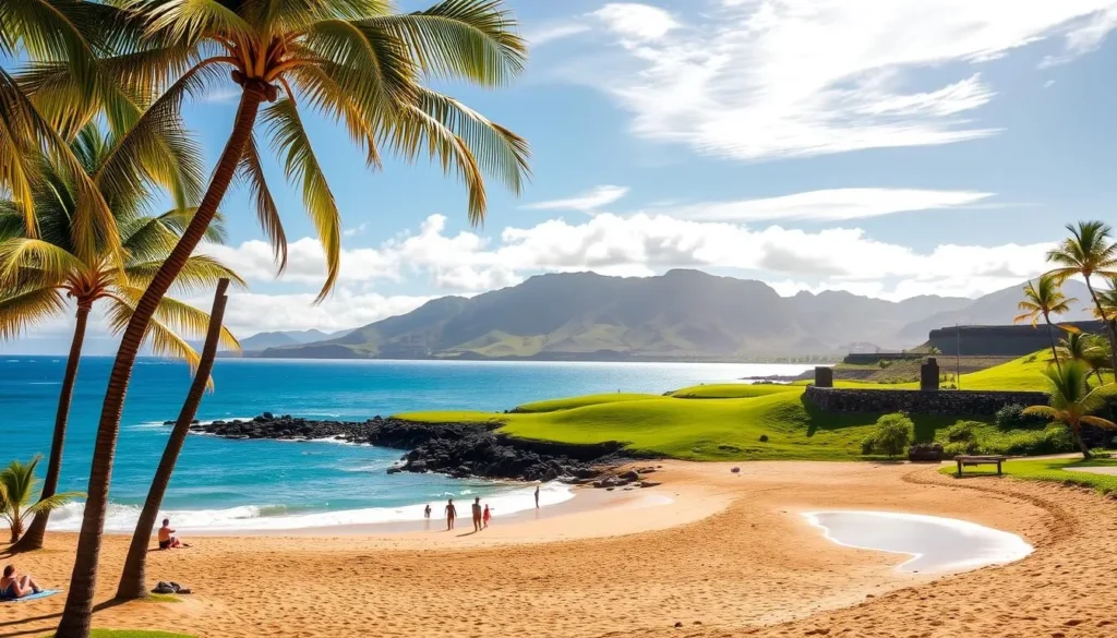 A sun-drenched Baldwin Beach Park on Maui's picturesque north shore. In the foreground, a crescent-shaped sandy beach lined with swaying palm trees. Beachgoers lounge on colorful towels, playing in the gentle waves. In the middle ground, rolling green hills dotted with ancient lava rock formations, a testament to the island's volcanic origins. Beyond, the azure Pacific Ocean meets the horizon, with distant views of the rugged West Maui Mountains. Warm light filters through wispy clouds, casting a golden glow over the tranquil scene. The atmosphere is one of peaceful solitude, inviting visitors to immerse themselves in the rich cultural legacy of this sacred Hawaiian locale.