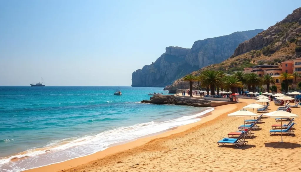 A sun-drenched Corsican beach with pristine golden sands and crystal-clear turquoise waters lapping against the shore. In the foreground, beach umbrellas and lounge chairs dot the sand, inviting visitors to relax and soak up the Mediterranean atmosphere. The middle ground features a coastal promenade lined with swaying palm trees, while the background showcases the rugged, picturesque cliffs that characterize the island's dramatic coastline. The scene is bathed in warm, natural lighting, creating a serene and idyllic mood perfect for a day spent beachside in Corse.