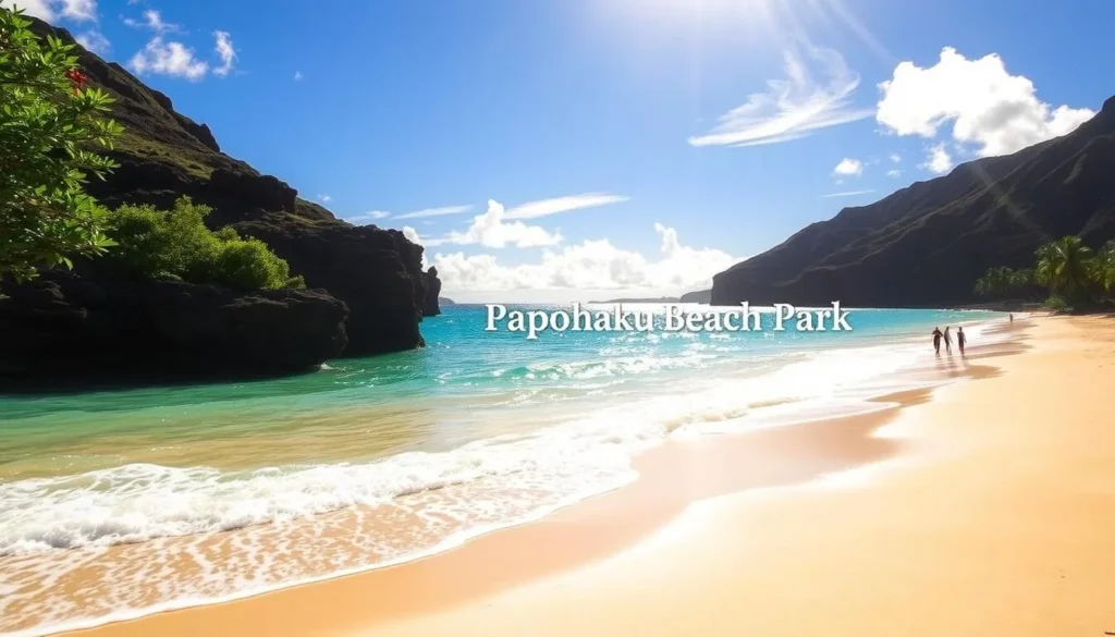 A sun-drenched Hawaiian beach, glistening waves caressing the powdery white sand of Papohaku Beach Park. The tranquil turquoise waters of the Pacific Ocean stretch out to the horizon, framed by lush green foliage and majestic volcanic cliffs. In the foreground, beachgoers stroll along the shore, taking in the serene natural beauty. Warm sunlight filters through wispy clouds, casting a soft, golden glow over the scene. A picturesque tropical paradise, Papohaku Beach invites visitors to bask in its sublime, unspoiled splendor.