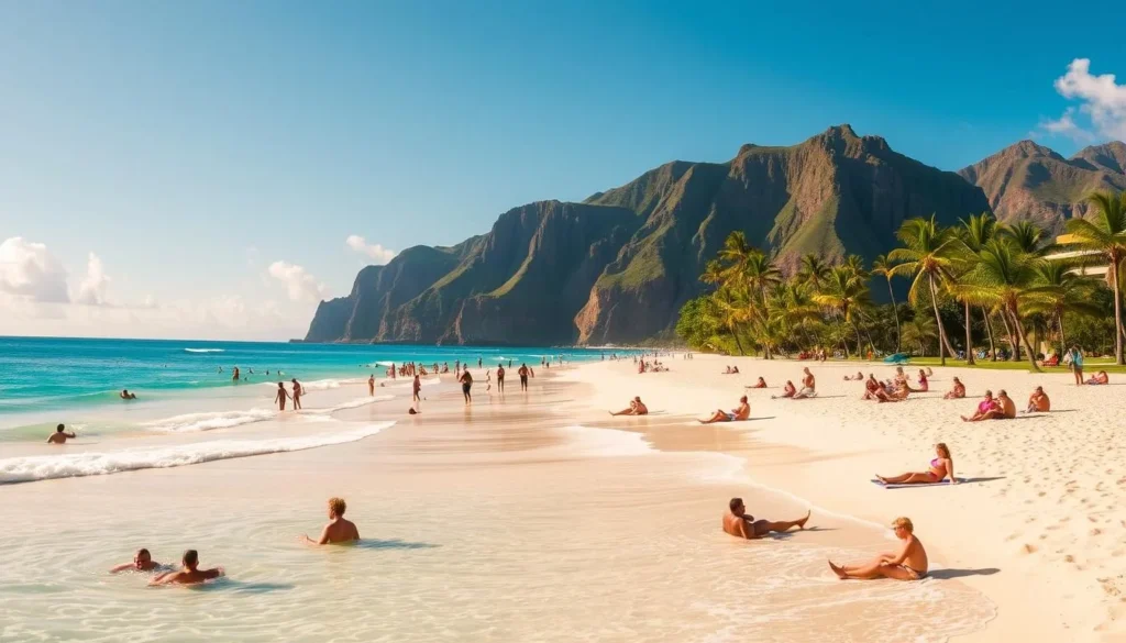 A sun-drenched Kahanamoku Beach on Oahu, Hawaii. In the foreground, a group of beachgoers relaxing on the soft, golden sand, some swimming in the crystal-clear turquoise waters. In the middle ground, families and friends playing volleyball, building sandcastles, and picnicking under the swaying palm trees. In the background, the lush, verdant cliffs of the island rise up, framing the idyllic scene. Warm, diffused lighting bathes the entire landscape, creating a serene, inviting atmosphere. Capture the energy and vibrance of this popular tropical destination, where visitors can enjoy the perfect balance of sun, sand, and surf.
