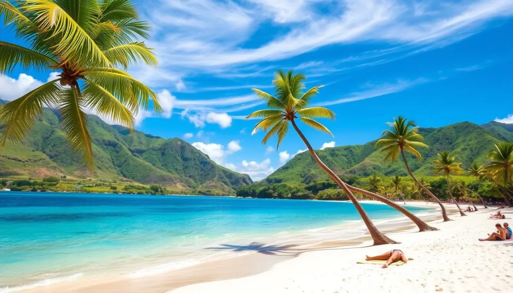 A sun-drenched Kailua Beach on a beautiful Hawaiian day. Turquoise waves gently lap against the powdery white sand. Coconut palms sway gently in the warm breeze, casting dappled shadows across the scene. In the background, lush green hills rise up, framing the idyllic coastal landscape. The sky is a brilliant azure, with a few wispy clouds drifting overhead. Beachgoers lounge on colorful towels, soaking up the glorious tropical sunshine. The overall mood is one of relaxation and tranquility, perfectly capturing the essence of Kailua Beach.