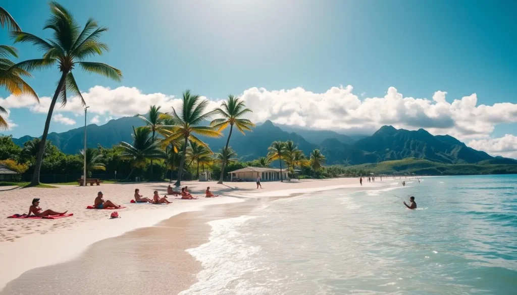 A sun-drenched Laniakea Beach in Oahu, Hawaii. In the foreground, pristine white sand and gentle waves lapping at the shore. Beachgoers relax on vibrant beach towels, some playing in the shallow water. Lush palm trees sway gently in the warm breeze, casting dappled shadows. In the middle ground, a row of simple yet well-maintained beach facilities including showers, restrooms, and picnic tables. The background features the iconic emerald green mountains of Oahu, their peaks reaching towards a brilliant azure sky. Soft natural lighting highlights the tranquil atmosphere, inviting visitors to unwind and enjoy the breathtaking natural beauty of Laniakea Beach.