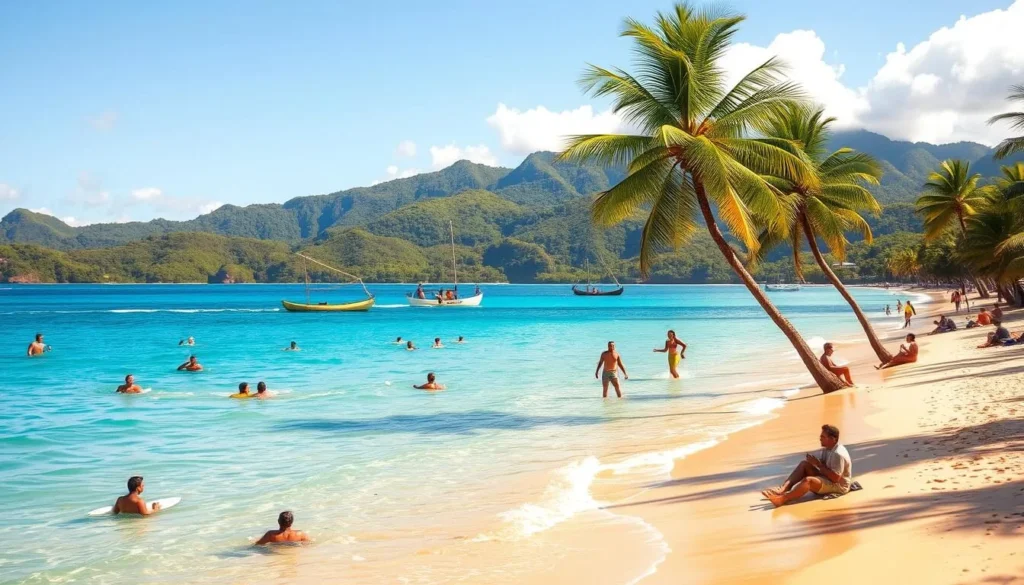 A sun-drenched Samoan beach, crystal-clear waters lapping against the golden sand. In the foreground, locals and visitors alike engaged in a variety of activities - swimming, surfing, playing beach volleyball, and lounging under swaying palm trees. The mid-ground captures traditional Samoan outrigger canoes dotting the tranquil lagoon, their vibrant colors reflecting the vibrant culture. In the distance, lush, verdant hills rise up, creating a picturesque backdrop to this idyllic scene. The lighting is warm and natural, casting a soft, golden glow over the entire landscape. The overall mood is one of relaxation, joy, and celebration of the island's natural beauty.