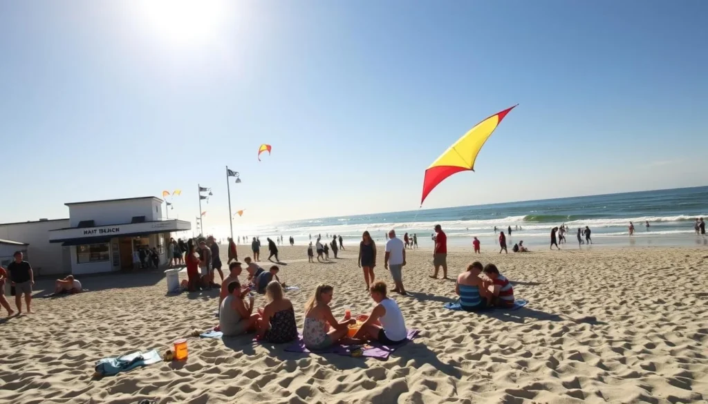 A sun-drenched afternoon at Hampton Beach, New Hampshire. In the foreground, families picnicking on the soft sand, licking ice cream cones and flying kites against a bright blue sky. In the middle, people strolling along the boardwalk, popping into local shops and seaside eateries. In the background, the rolling waves of the Atlantic Ocean, with beachgoers splashing in the cool waters. Warm, golden light bathes the scene, creating a welcoming, laidback atmosphere. Capture the essence of budget-friendly seaside fun at this classic New England destination.
