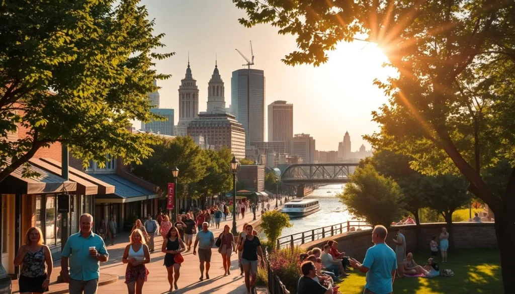A sun-drenched afternoon in downtown Nashville, Tennessee. The iconic skyline of skyscrapers and historic landmarks shimmers in the golden light, framed by lush green trees lining the streets. People stroll along the vibrant sidewalks, sipping iced coffee and browsing local boutiques. In the distance, the Cumberland River glistens, boats lazily drifting by. The warm breeze carries the soulful sounds of live music from nearby honky-tonk bars. Families gather in the grassy public parks, enjoying picnics and lively games of frisbee. The mood is relaxed and festive, capturing the spirit of summer in this dynamic Southern city.