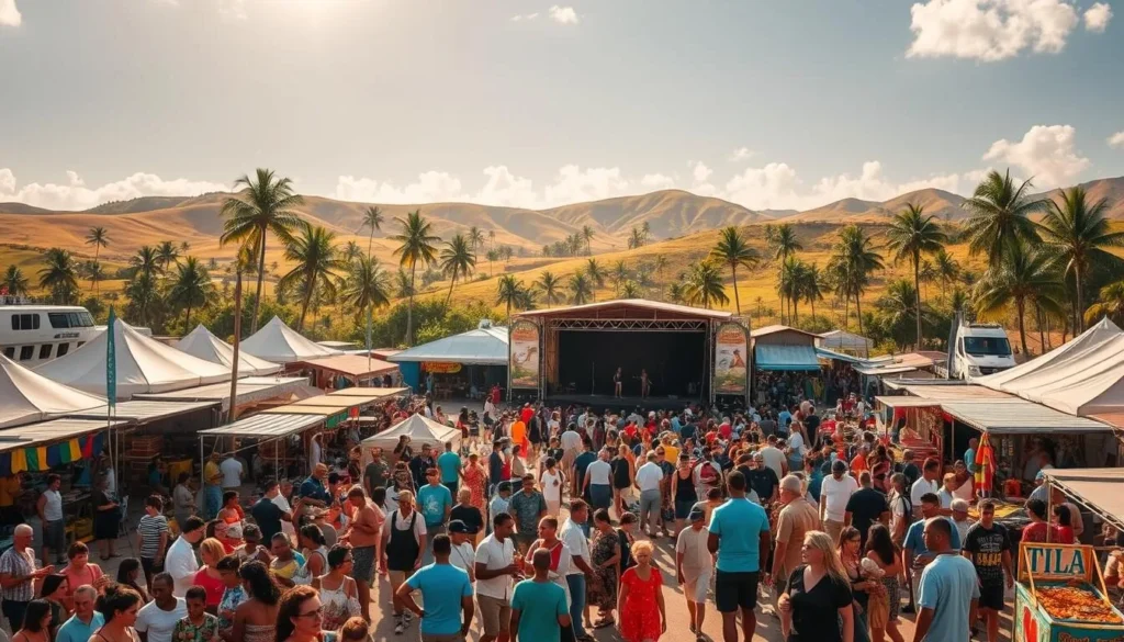 A sun-drenched afternoon on Wallis Island, where the annual festival is in full swing. A bustling town square is the centerpiece, filled with colorful stalls selling local crafts, food, and music. In the foreground, a lively crowd weaves through the throngs, sampling delicacies and browsing unique souvenirs. The middle ground features a grand stage, where traditional dancers perform to the rhythmic beats of drums and chanting. In the background, rolling hills and palm trees frame the scene, creating a picturesque tropical setting. Warm, golden light bathes the entire landscape, evoking a sense of joy and celebration.