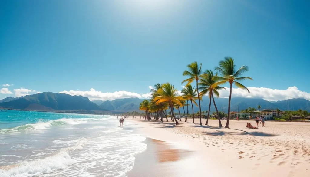 A sun-drenched afternoon on the pristine white sands of Ka'anapali Beach, Maui. Gentle waves caress the shoreline, their aquamarine hues reflecting the vibrant blue sky above. Lush palm trees sway in the gentle breeze, their fronds casting playful shadows across the beach. In the distance, the emerald green slopes of the West Maui Mountains rise majestically, creating a breathtaking backdrop. Beachgoers leisurely stroll along the soft sand, soaking in the warm Hawaiian sun and the serene, island atmosphere. A lifeguard tower stands vigilant, ensuring the safety of all who visit this idyllic tropical paradise. Capture the essence of this premier Hawaiian destination, where sun, sea, and natural beauty converge to create a truly captivating scene.