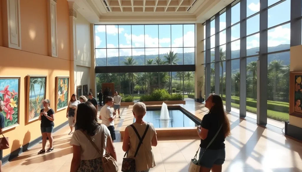 A sun-drenched atrium of the Honolulu Museum of Art, showcasing a captivating exhibition of vibrant Hawaiian-inspired paintings. In the foreground, visitors admire the colorful artworks, their faces aglow with fascination. The middle ground features elegant architectural details, floor-to-ceiling windows, and a serene water feature reflecting the natural light. The background reveals a lush tropical landscape, hinting at the museum's picturesque outdoor gardens. The overall scene conveys a sense of cultural immersion, inspiring visitors to explore the diverse and dynamic art exhibitions within this renowned Oahu institution.