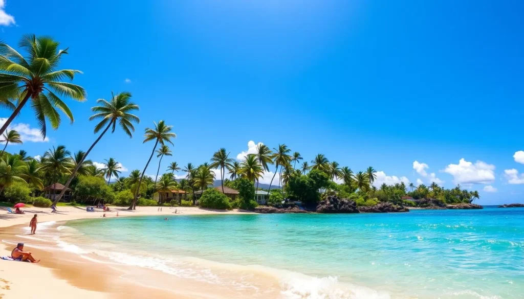 A sun-drenched, azure sky arches over the gently lapping waves of Kahanamoku Beach. The turquoise waters invite swimmers, their glimmering surface reflecting the lush, verdant palms that sway in the gentle trade winds. Beachgoers relax on the soft, golden sand, taking in the serene scene. A classic Hawaiian landscape, the image captures the tranquil, idyllic setting of this picturesque stretch of Oahu's shoreline.
