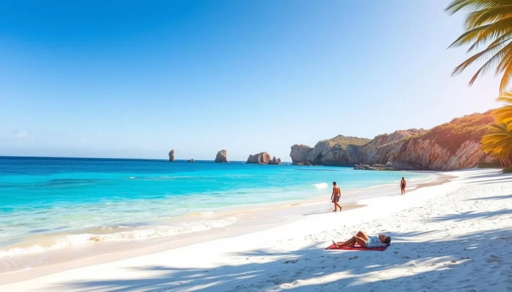 A sun-drenched beach along the Coral Coast of Western Australia, with pristine white sand and turquoise waters lapping gently at the shore. In the foreground, a few people casually strolling or lounging on towels, enjoying the warm coastal breeze. The middle ground features a line of swaying palm trees, casting gentle shadows on the sand. In the distance, rugged cliffs and rocky outcroppings frame the picturesque scene, bathed in the soft, golden light of the afternoon sun. The overall mood is one of tranquility and relaxation, capturing the essence of the Coral Coast's best beaches.