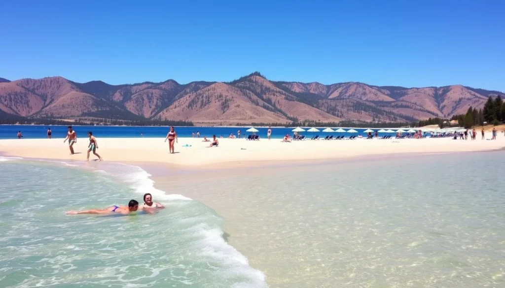 A sun-drenched beach at Donner Lake, California, with crystal-clear waters lapping against a soft sandy shore. In the foreground, people enjoy swimming, sunbathing, and playing in the waves, their laughter and joy filling the air. The middle ground features a well-maintained beach area with neatly arranged lounge chairs and umbrellas, providing a comfortable haven for visitors. In the background, majestic pine-covered mountains rise up, creating a stunning natural backdrop to this idyllic scene. The warm, golden light bathes the entire landscape, creating a serene and inviting atmosphere, perfect for a day of relaxation and fun.