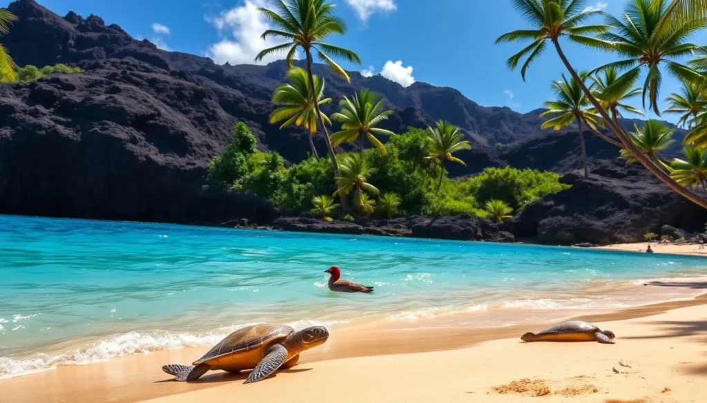 A sun-drenched beach at Po'ipu, Kauai, with lush tropical foliage lining the shore. In the foreground, curious green sea turtles emerge from the turquoise waters, sunbathing on the golden sand. Closer to the water's edge, a monk seal lounges peacefully. In the middle ground, colorful native birds like nene geese and red-crested cardinals flit among the swaying palms. The background features dramatic volcanic cliffs, casting dramatic shadows across the serene scene. The lighting is warm and natural, creating a sense of tranquility and harmony between the wildlife and their island paradise habitat.