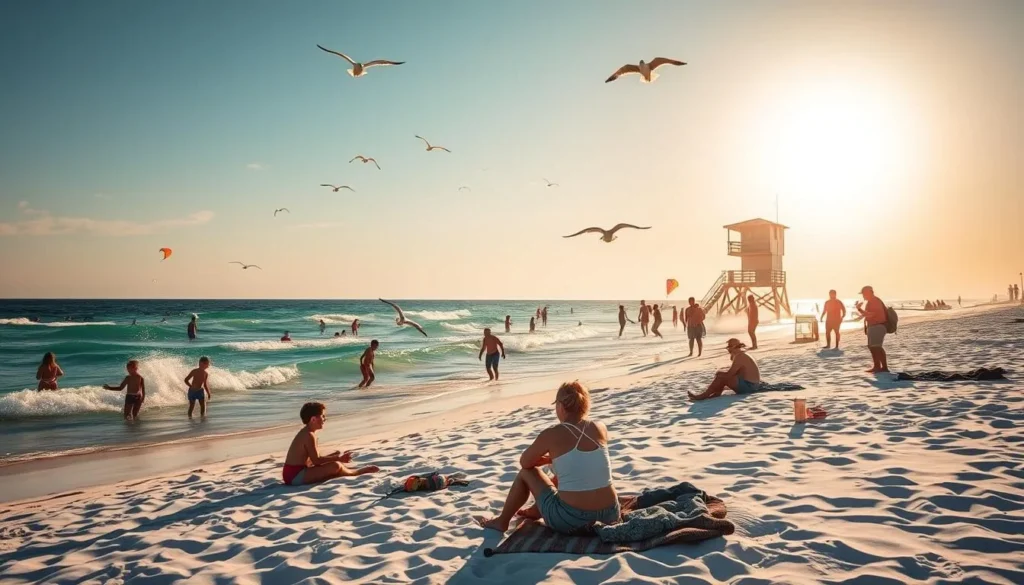 A sun-drenched beach in Destin, Florida, mid-summer. Beachgoers splash in the turquoise Gulf waters, while others lounge on the soft, white sand. Children build sandcastles and fly colorful kites, their laughter carrying on the gentle breeze. Nearby, a group of friends toss a Frisbee, their silhouettes backlit by the golden sunset. Seagulls soar overhead, and a lifeguard tower stands vigilant, keeping watch over the scene. The atmosphere is one of relaxation and joy, perfectly capturing the essence of a quintessential summer day in this coastal paradise.
