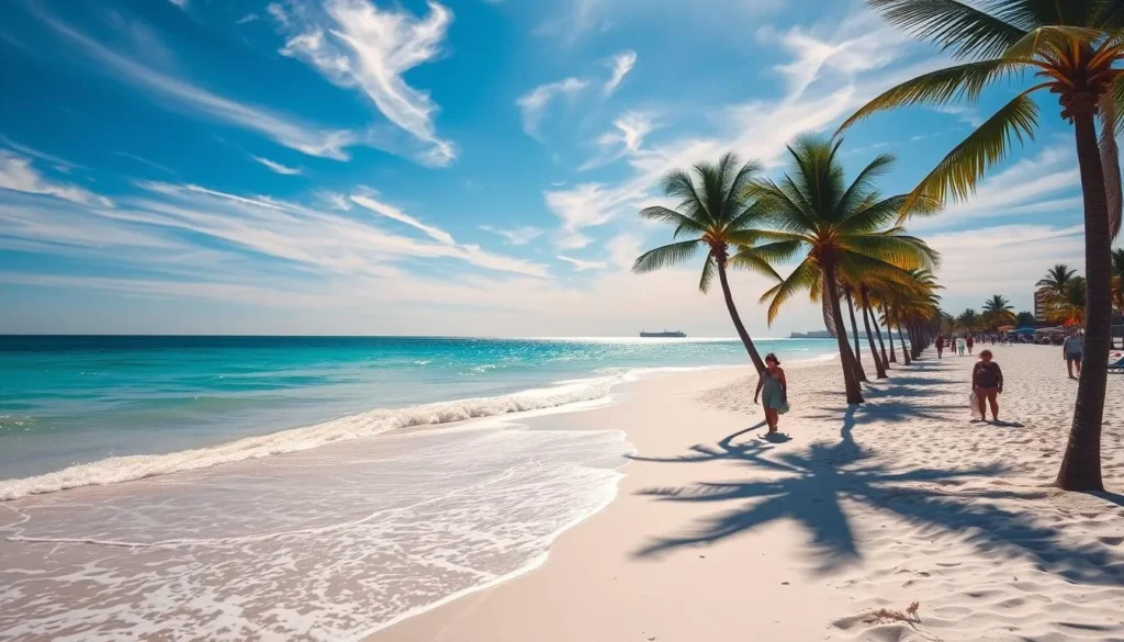 A sun-drenched beach in Destin, Florida, with pristine white sand and crystal-clear turquoise waters lapping gently at the shore. In the foreground, a few beachgoers stroll along the water's edge, their figures silhouetted against the glimmering horizon. The middle ground features palm trees swaying gently in a light breeze, their fronds casting dappled shadows on the sand. In the background, a vibrant blue sky is dotted with wispy clouds, creating a sense of depth and serenity. The scene is bathed in warm, golden light, creating a peaceful, relaxing atmosphere. Captured with a wide-angle lens, this idyllic image perfectly encapsulates the beauty and allure of Destin's weather-perfect getaway.