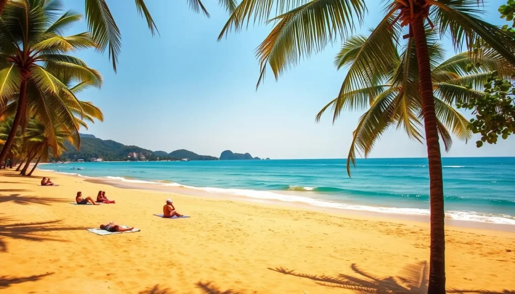 A sun-drenched beach in Hội An, Vietnam, with pristine golden sands and gently lapping waves. In the foreground, a small group of beachgoers relax on colorful towels, soaking up the warm tropical sun. The middle ground features swaying palm trees casting dappled shadows, and in the distance, the turquoise waters of the East Sea stretch towards the horizon, framed by lush, verdant hills. The scene is bathed in a soft, golden light, creating a serene and tranquil atmosphere. Capture the natural beauty and tranquility of An Bang Beach, a hidden gem near the historic town of Hội An.