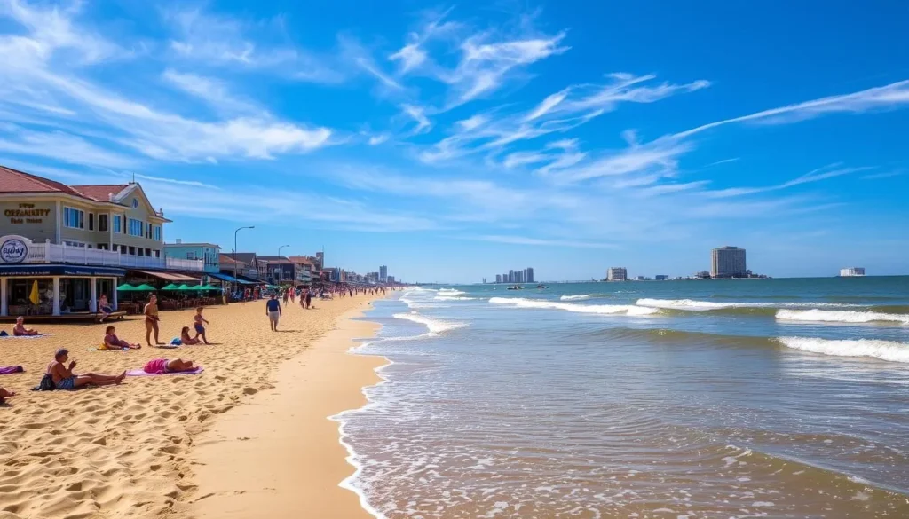A sun-drenched beach in Ocean City, New Jersey, with soft golden sand and gentle waves lapping at the shore. In the foreground, beachgoers enjoy the warmth, some relaxing on towels, others strolling along the water's edge. The middle ground features a classic wooden boardwalk, lined with charming shops and restaurants, their colorful facades reflecting in the shimmering water. In the background, a clear blue sky dotted with wispy clouds, and the silhouettes of distant high-rise buildings on the horizon. Capture the vibrant energy and timeless appeal of this beloved seaside destination, with natural lighting and a wide-angle lens to convey the sweeping vista.