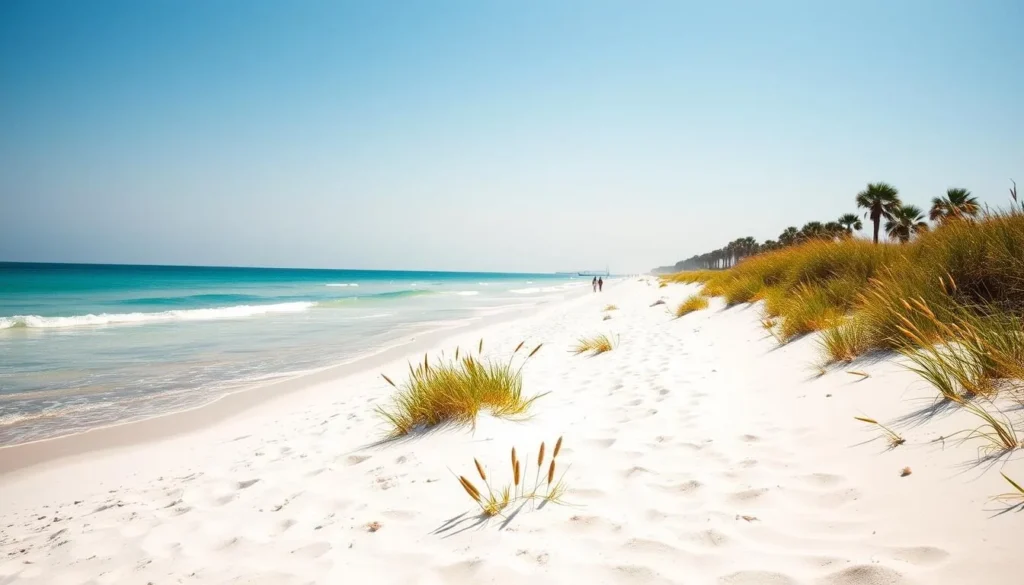 A sun-drenched beach in Pensacola, Florida during the spring season. In the foreground, fine white sand leads to gentle lapping waves, their azure hues reflecting the clear sky above. Clusters of vibrant sea oats sway in a light breeze, adding a natural, coastal ambiance. The middle ground features a few people strolling along the shoreline, enjoying the temperate weather. In the distance, a row of swaying palm trees line the horizon, their lush fronds casting dappled shadows on the sand. The scene is bathed in a warm, golden light, creating a serene and inviting atmosphere perfect for a weather-savvy spring getaway.
