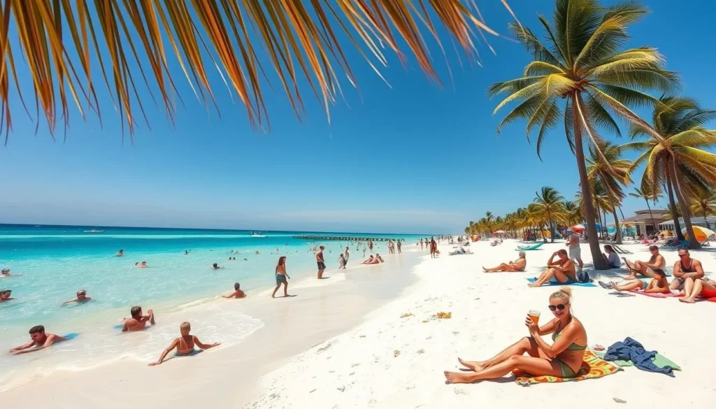 A sun-drenched beach in Pensacola, Florida, with azure waters and soft white sand. In the foreground, people enjoy various summer activities - swimming, building sandcastles, and playing frisbee. The middle ground features beachgoers lounging on colorful towels, sipping refreshing beverages, and soaking up the warmth. In the background, swaying palm trees and a clear, blue sky set the perfect backdrop for this idyllic summer scene. The lighting is natural and warm, creating a serene and inviting atmosphere. The camera angle captures the entire breadth of the beach, showcasing the vibrant and lively summer festivities.