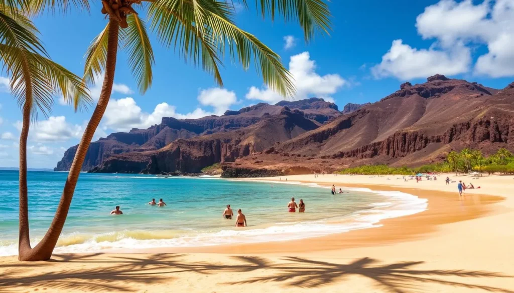 A sun-drenched beach on the Big Island of Hawaii, with soft golden sands and gentle waves lapping against the shore. In the foreground, palm trees sway in the warm breeze, casting delicate shadows on the ground. The middle ground features a group of beachgoers enjoying the tranquil setting, some swimming in the crystal-clear turquoise waters, others relaxing on colorful beach towels. In the background, rugged volcanic cliffs rise up, creating a dramatic and unique landscape. The overall scene conveys a sense of serenity, adventure, and the natural beauty that defines the Hawaiian islands. Captured with a wide-angle lens to showcase the stunning vistas, the image is bathed in soft, natural lighting that enhances the warm, tropical atmosphere.