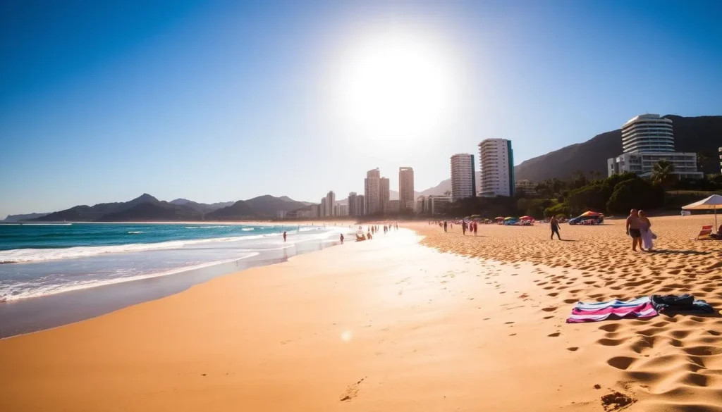 A sun-drenched beach on the Gold Coast, Australia, with soft golden sand and gently lapping waves. In the foreground, people stroll along the shore, towels and umbrellas dotting the landscape. The middle ground showcases the iconic high-rise buildings of Surfers Paradise, reflecting the sun's warm glow. In the background, rolling hills and lush greenery frame the scene, creating a picturesque coastal paradise. The image is captured with a wide-angle lens, highlighting the expansive and inviting nature of this stunning Australian beach destination.