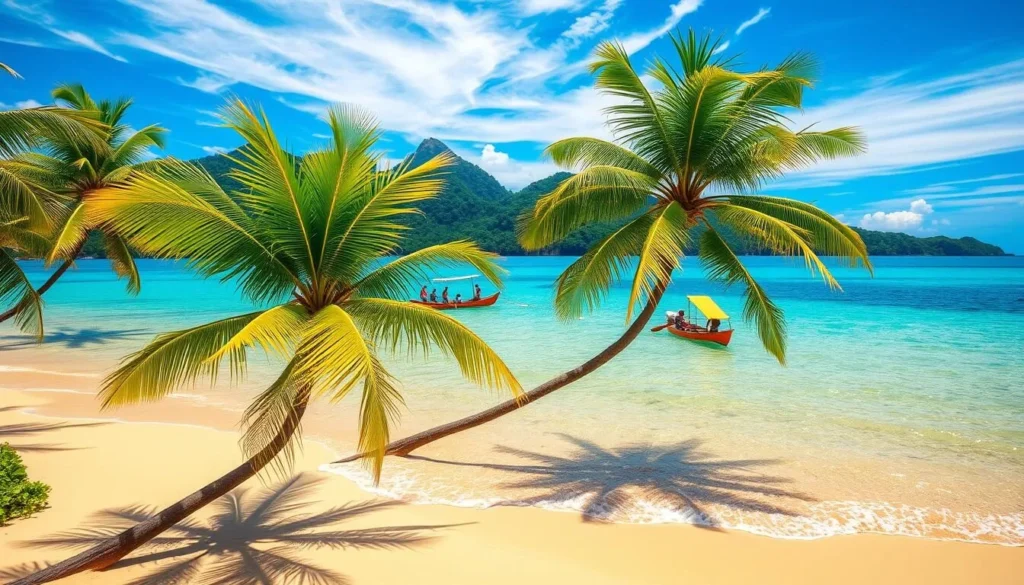 A sun-drenched beach on the Solomon Islands, with crystal-clear turquoise waters lapping gently against the shore. In the foreground, vibrant green palm trees sway in the gentle breeze, their fronds casting dappled shadows on the golden sand. In the middle ground, a group of local islanders engage in traditional fishing activities, their brightly colored outrigger canoes gliding across the tranquil surface. The background features verdant, jungle-clad hills rising up in the distance, with wispy clouds drifting across a brilliant azure sky. The overall scene conveys a sense of peaceful island paradise, perfect for a weather-savvy trip to the Solomon Islands.
