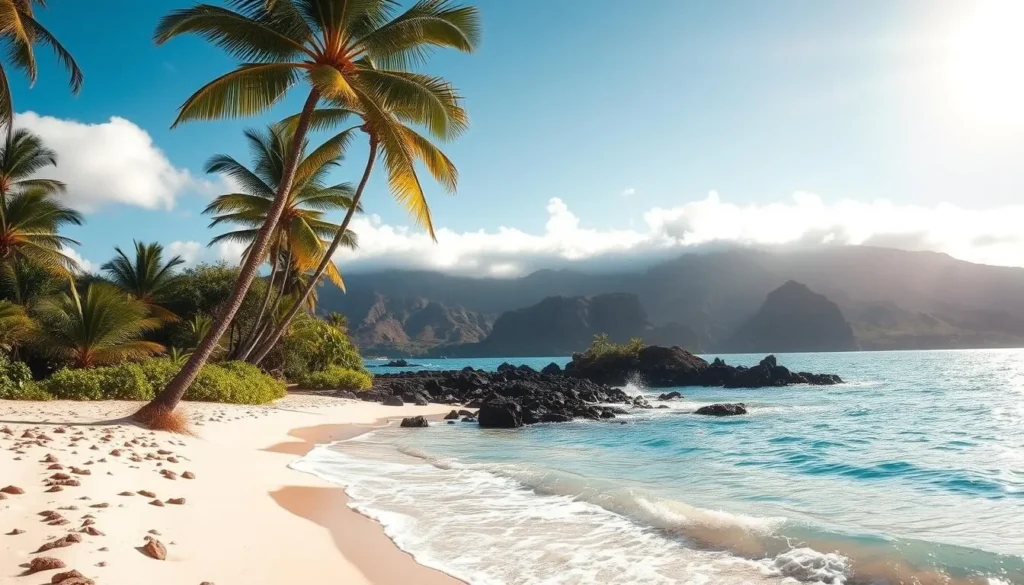 A sun-drenched beach on the island of Maui, Hawaii. In the foreground, soft white sand meets the gentle lapping of azure waves. Palm trees sway gently in the warm breeze, casting dappled shadows across the serene scene. The middle ground reveals a picturesque cove, dotted with volcanic rock formations and lush tropical foliage. In the distance, rugged mountains rise up, their peaks shrouded in wispy clouds. The lighting is natural and flattering, with the sun high in the sky, creating a tranquil, almost dreamlike atmosphere. Capture this idyllic Maui beach in a classic wide-angle landscape composition, showcasing the island's natural beauty and allure.