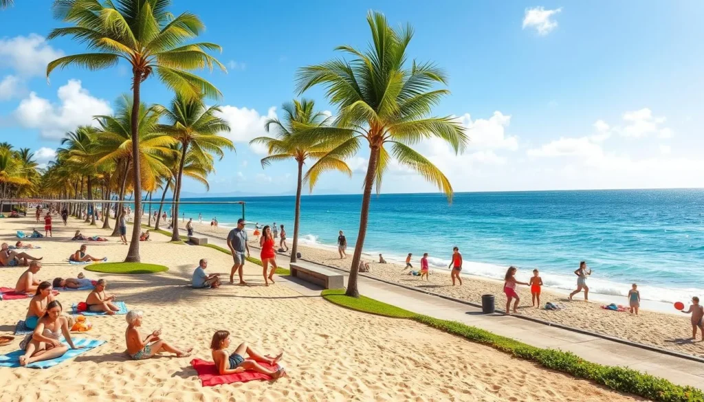 A sun-drenched beach park on the island of Oahu, Hawaii. In the foreground, families relax on colorful beach towels, children build sandcastles, and beachgoers toss frisbees and play volleyball. In the middle ground, people stroll along a paved walkway, taking in the breathtaking ocean views. In the background, palm trees sway gently in the warm, tropical breeze, and the crystal-clear waters of the Pacific Ocean sparkle under the bright, natural lighting. The atmosphere is peaceful and inviting, with a sense of leisure and carefree enjoyment of the island's natural beauty.