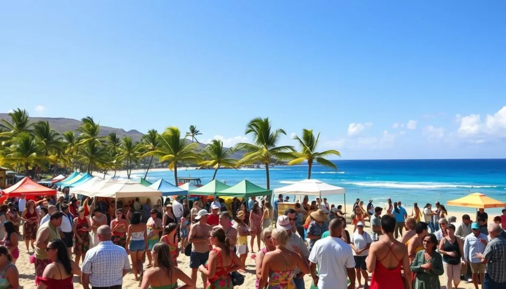 A sun-drenched beach scene on the island of Oahu, Hawaii. In the foreground, a lively crowd of people enjoying outdoor activities - hula dancing, lei making, and traditional Hawaiian music performances. In the middle ground, colorful tents and vendor stalls selling local crafts, food, and beverages. The background features gently swaying palm trees, a sparkling blue ocean, and a clear, azure sky. The lighting is natural and warm, with a soft, golden glow. The overall atmosphere is vibrant, festive, and authentically Hawaiian.