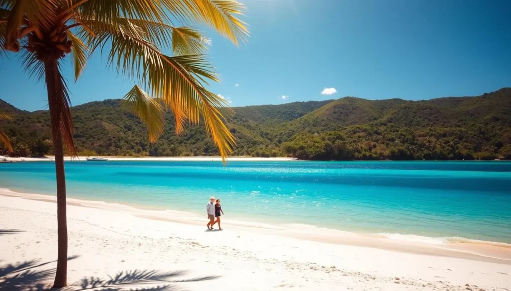A sun-drenched beach with swaying palm trees, crystal-clear turquoise waters gently lapping at the shore. In the middle ground, a few people casually strolling along the powdery white sand, their silhouettes casting long shadows. In the background, a distant line of lush, rolling hills bathed in the warm glow of the late afternoon sun. The scene exudes a sense of tranquility and relaxation, perfect for a weather-savvy getaway during the dry season.