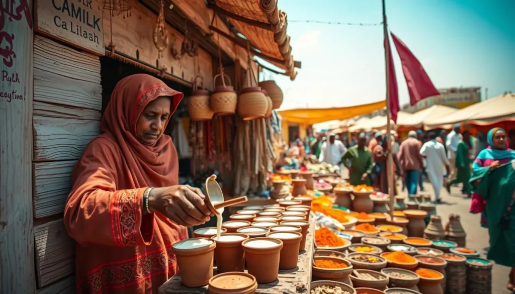 A sun-drenched camel milk stand in the bustling heart of Hargeysa, Somalia. The stall is made of weathered wooden planks and vibrant textiles, inviting passersby to savor the rich, creamy nectar of the desert. In the foreground, a vendor in traditional Somali attire pours the frothy milk into clay cups, their hands moving with practiced precision. The middle ground features an array of colorful wares - handcrafted baskets, intricate jewelry, and spices in hues of ochre and saffron. In the background, the bustling market teems with life, a tapestry of sights, sounds, and scents that capture the essence of this unique Somali experience.