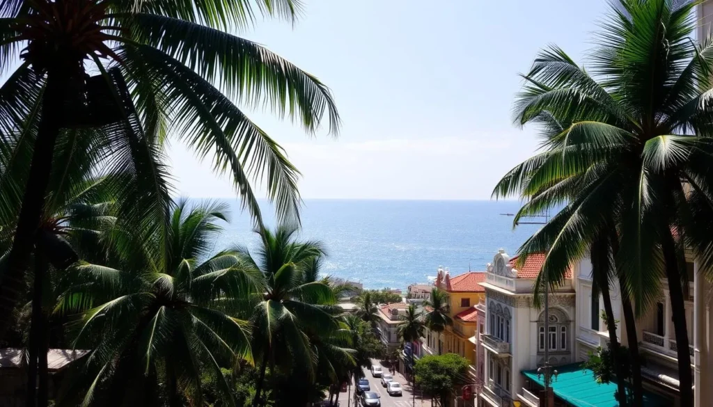 A sun-drenched cityscape of Colombo, Sri Lanka on a pleasant, temperate day. In the foreground, lush palm trees sway gently in a light breeze, casting dappled shadows on the bustling streets below. The middle ground features the iconic colonial-style architecture, with vibrant colors and intricate details. In the background, the sparkling Indian Ocean meets the horizon, its azure waters glittering under the warm tropical sun. The scene conveys a sense of tranquility and relaxation, inviting the viewer to imagine strolling through the charming city streets on a beautiful Colombo afternoon.