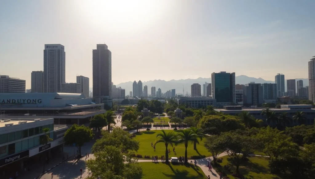 A sun-drenched cityscape of Mandaluyong, Philippines, captured in the late afternoon. Towering skyscrapers and high-rise buildings punctuate the skyline, their glass facades reflecting the warm, golden light. In the foreground, a bustling urban street with vibrant shops and cafes, people strolling leisurely amidst the lush greenery of trees and landscaping. The middle ground features a well-maintained public park, with families enjoying the pleasant weather and children playing on the grassy lawns. In the distance, the hazy silhouettes of the surrounding mountains provide a picturesque backdrop, creating a harmonious blend of modern cityscape and natural beauty. The overall scene conveys a sense of tranquility and livability, inviting the viewer to imagine the best time to visit this thriving metropolitan area.