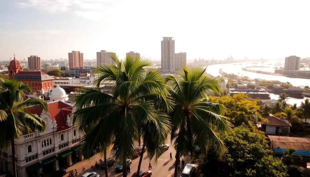A sun-drenched cityscape of Phnom Penh during the dry season, November to April. In the foreground, lush palm trees sway gently in the warm breeze, casting playful shadows on the bustling streets below. The middle ground features a mix of colonial-era architecture and modern high-rises, their facades bathed in a warm, golden light. In the background, the mighty Mekong River winds its way through the city, its banks dotted with traditional wooden boats. The overall atmosphere is one of tranquility and vibrant energy, capturing the essence of Phnom Penh during its most pleasant and weather-savvy months.