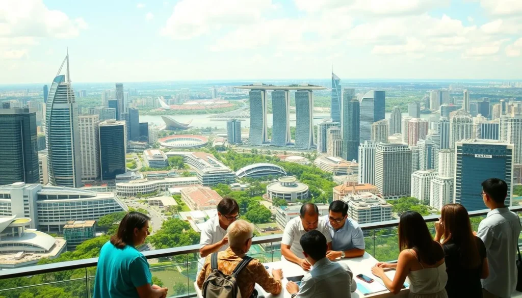 A sun-drenched cityscape of Singapore, bustling with financial districts and modern high-rises. In the foreground, a group of people gathered around a table, engaged in a lively discussion about budgeting tips for a 5-day visit. They are dressed in casual, practical attire, reflecting the cosmopolitan atmosphere. The middle ground showcases iconic landmarks like the Marina Bay Sands, while the background is filled with a vibrant, verdant skyline. The scene is captured with a warm, inviting color palette, evoking a sense of productivity and financial planning against the backdrop of Singapore's vibrant urban landscape.