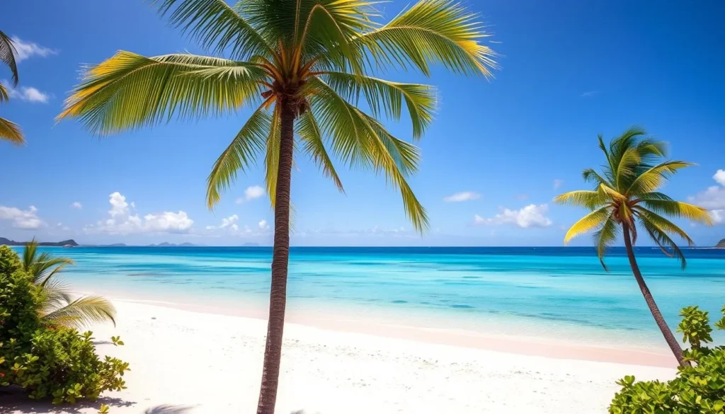 A sun-drenched, cloudless sky stretches above a serene coastal landscape in Vanuatu during the dry season. Lush palm trees sway gently in the warm breeze, their fronds casting dappled shadows on the pristine white sand beach. In the distance, crystal-clear turquoise waters of the South Pacific Ocean glisten under the high-noon sun. The scene exudes a tranquil, idyllic atmosphere, perfectly capturing the peaceful transition between Vanuatu's two distinct climatic seasons.